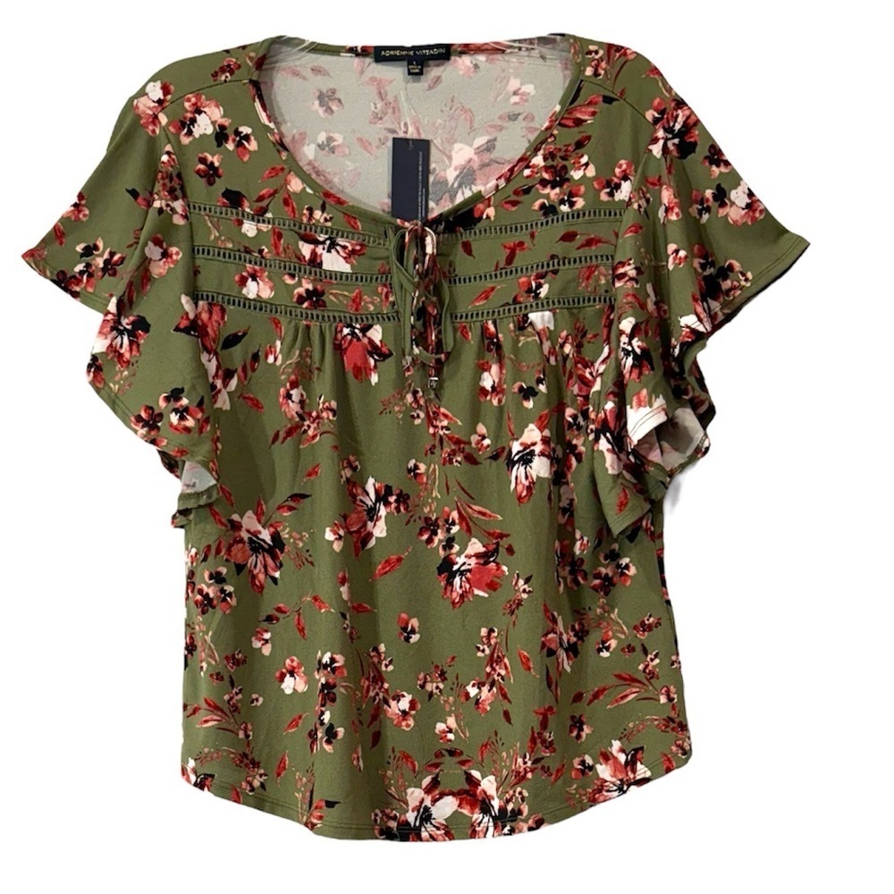 Adrienne‎ Vittadini Blouse Green Floral Ruffle Sleeve Crochet Keyhole Size Large